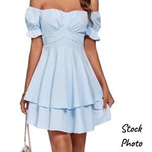 LYANER Blue Tie Ruffle Off Shoulder W/Puff Sleeves Romper Dress Size S